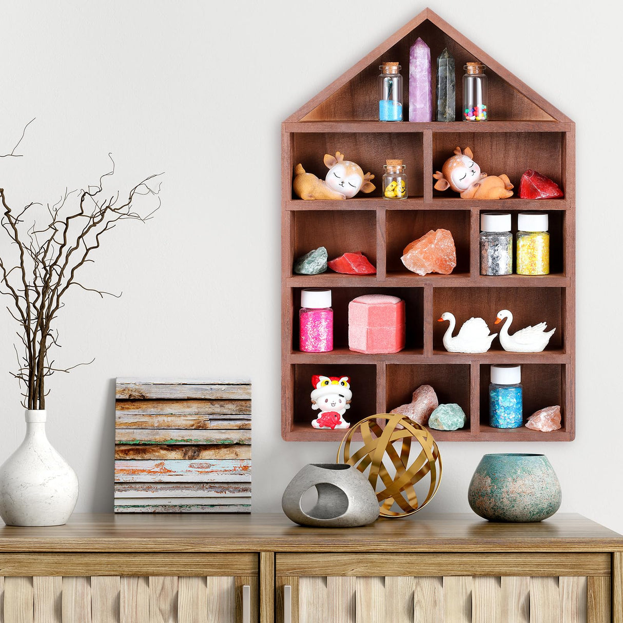 Threehoney House Shaped Wooden Shadow Cubby Box 10 W x 2 1/4 D x 15 H Hanging Display Shelf Organizer Wall Mounted Curio Cabinet Wooden Display Case Miniature Shelf for Figures(Brown) Threehoney