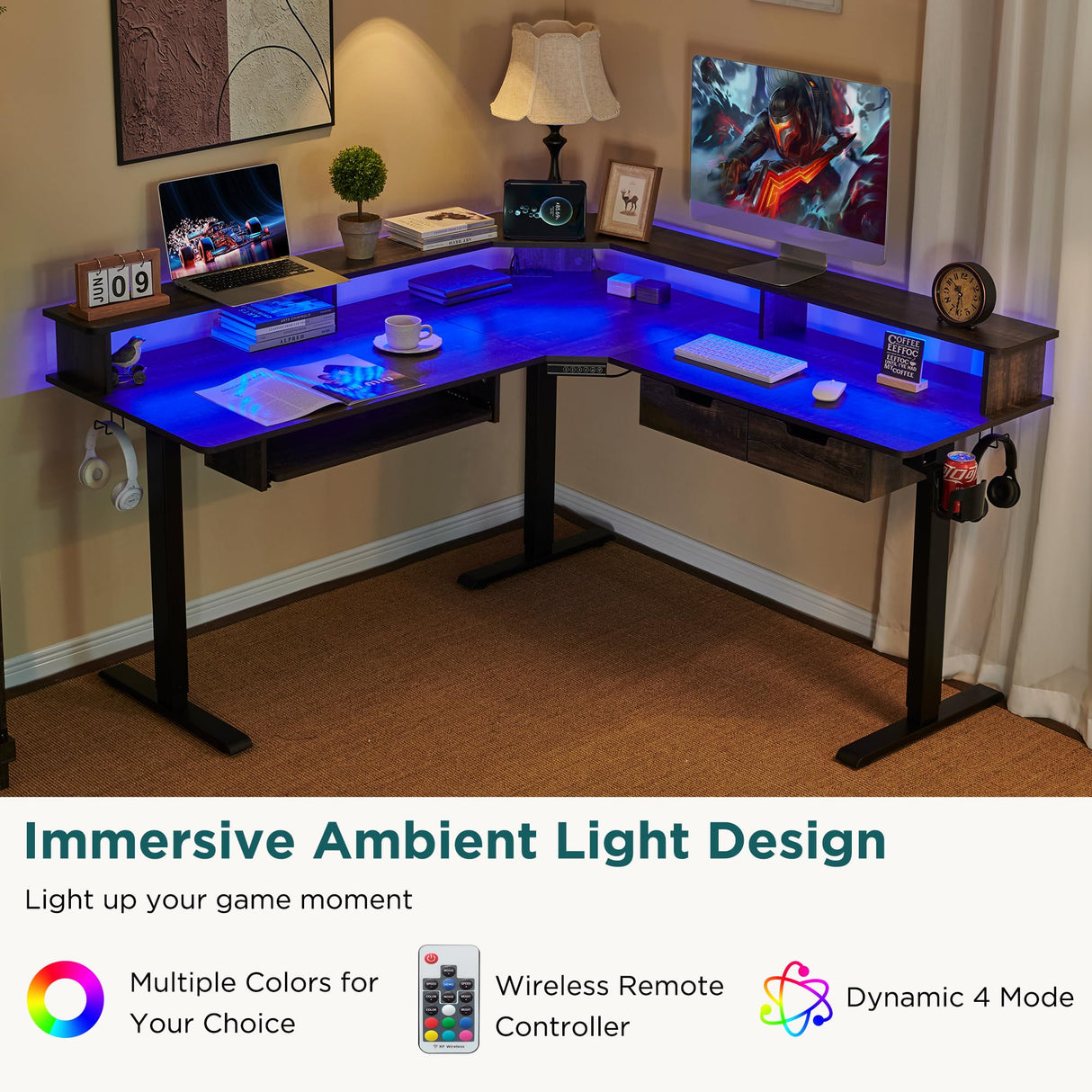 RedLemon 60 Inches L Shaped Electric Standing Desk,Height Adjustable Corner Gaming Desk with Drawers, Keyboard Tray, Power Outlets & LED Lights, Computer Desk with Monitor Shelf, Dark Rustic Oak RedLemon