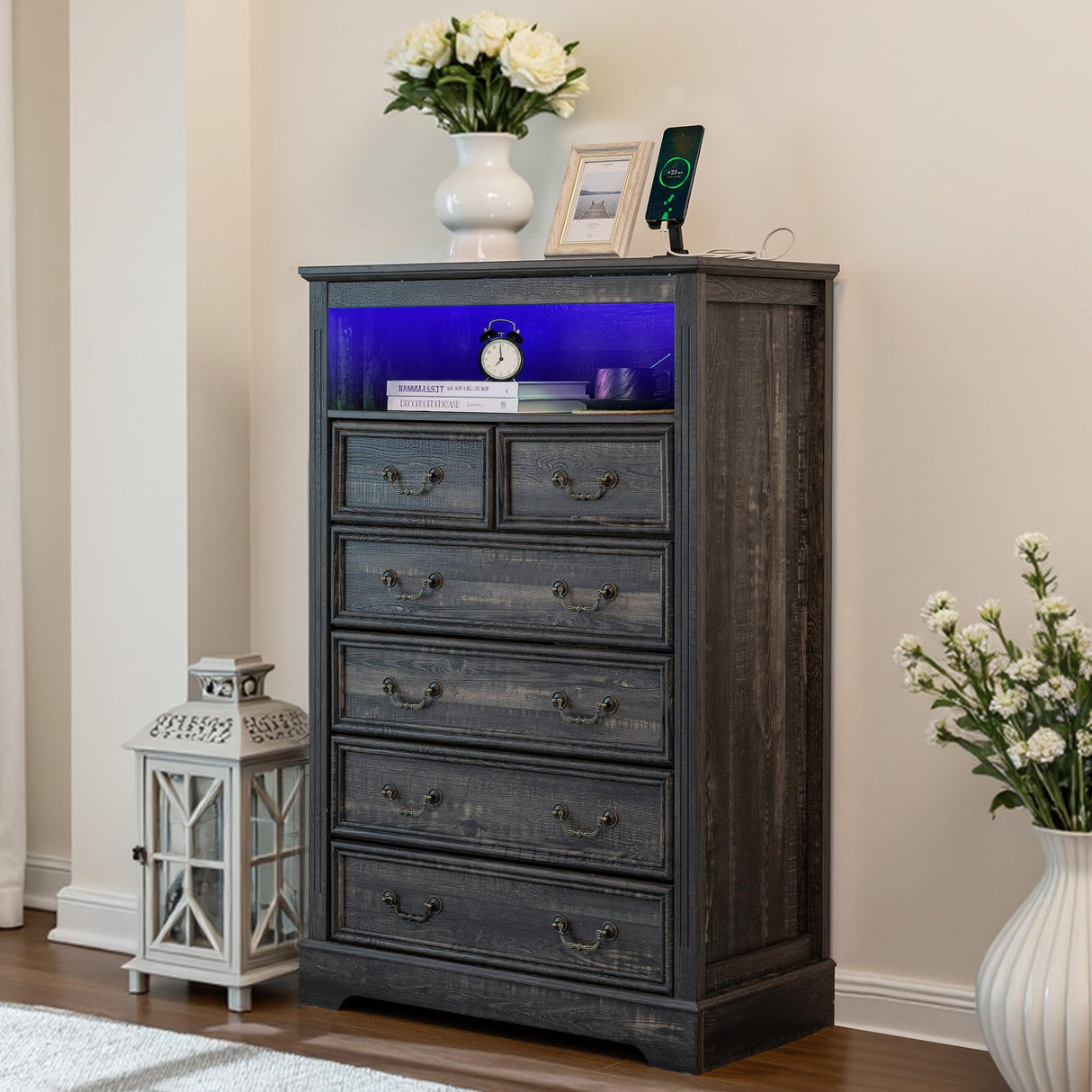 Homkdom Dresser for Bedroom with Charging Station & LED Light, 48'' H Tall Dresser & Chests of Drawers,Rustic Oak Homkdom