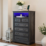 Homkdom Dresser for Bedroom with Charging Station & LED Light, 48'' H Tall Dresser & Chests of Drawers,Rustic Oak Homkdom
