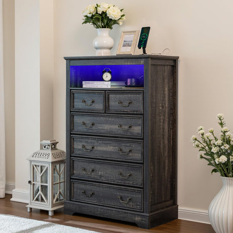 Homkdom Dresser for Bedroom with Charging Station & LED Light, 48'' H Tall Dresser & Chests of Drawers,Rustic Oak Homkdom
