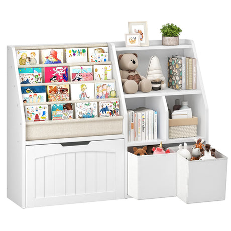 CHOEZON Kids Bookshelf, Children's Bookcase with 4 Sling Book Shelves, Toy Storage Cubby, Fabric Storage Baskets, Wooden Book Shelf for Kids' Room, Playroom, Nursery, Living Rooms, White MCW17WB CHOEZON