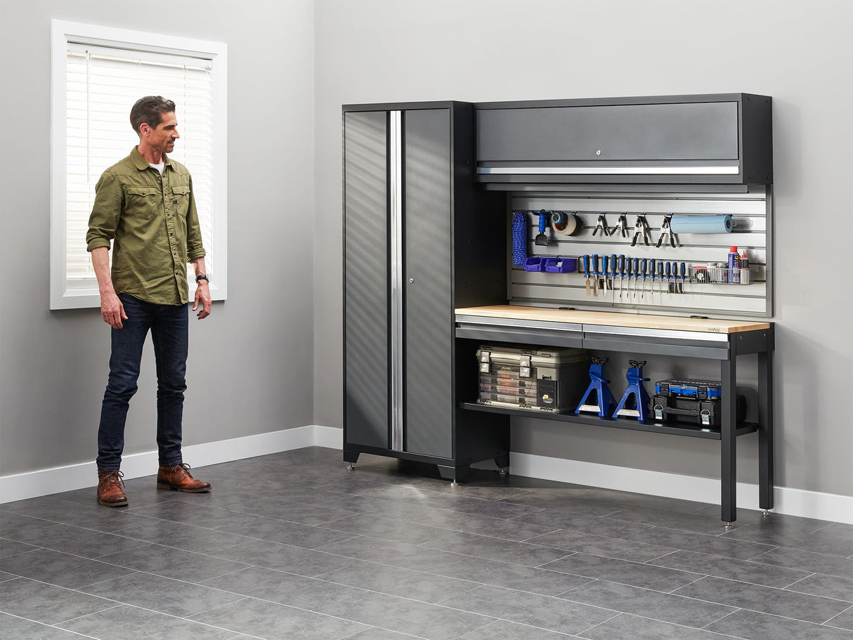 NewAge Products Bold Series Gray All-in-one 4pc Set, 30 in. Locker, Wall Cabinet, 60 in RTA Workbench with Bamboo Worktop, 24-Gauge Heavy Duty Steel Garage Storage Cabinets, 73501 NewAge Products Inc.