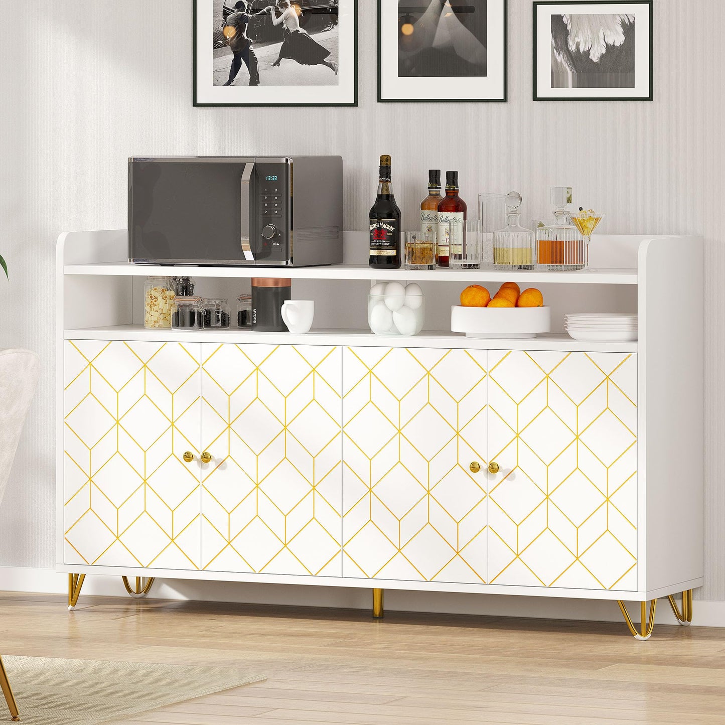 DWVO 59" Modern Storage Cabinet, Sideboard Buffet Cabinet with Gold Trim, Coffee Bar Cabinet with 4 Doors and Adjustable Shelves 300 lbs Capacity for Hallway, Kitchen or Living Room, White