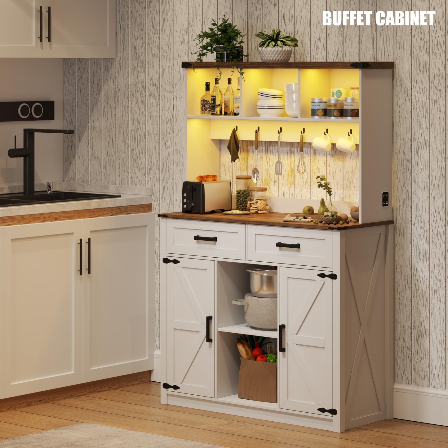 Farmhouse Coffee Bar Cabinet with Storage: Buffet Sideboard with 3 Color LED Lights & Charging Station, Barn Door Credenza with Drawers/Hutch/6 Hooks for Kitchen/Dining Room/Living Room/Offic - WoodArtSupply