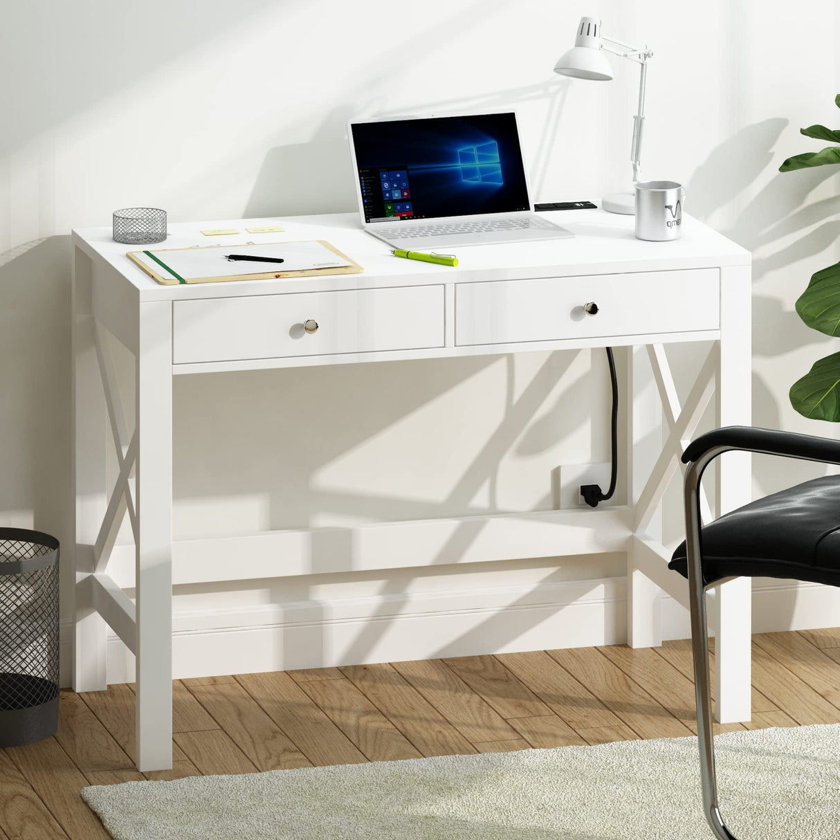 ChooChoo Computer Desk with USB Charging Ports and Power Outlets, 39" White Desk with Drawers, Small Study Writing Table with Stable X Frame for Home Office ChooChoo