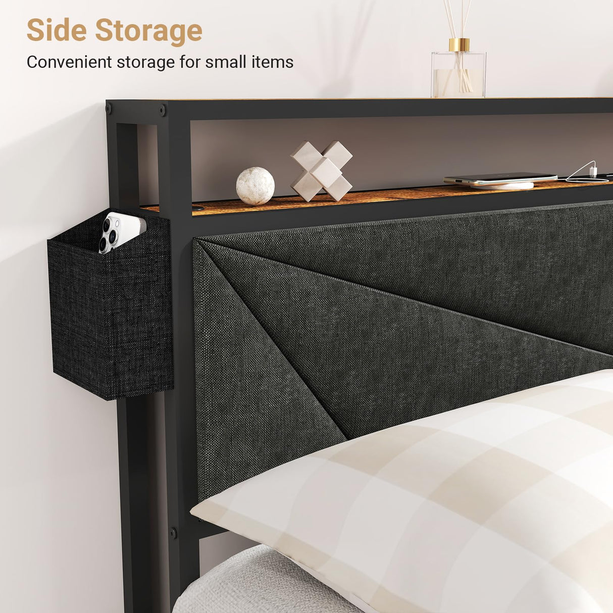 Kiivakii Full Size Bed Frame with 4 Drawers, LED Metal Platform Bed with Upholstered Storage Headboard, Built in Charging Station, No Box Spring Needed, Dark Gray Kiivakii