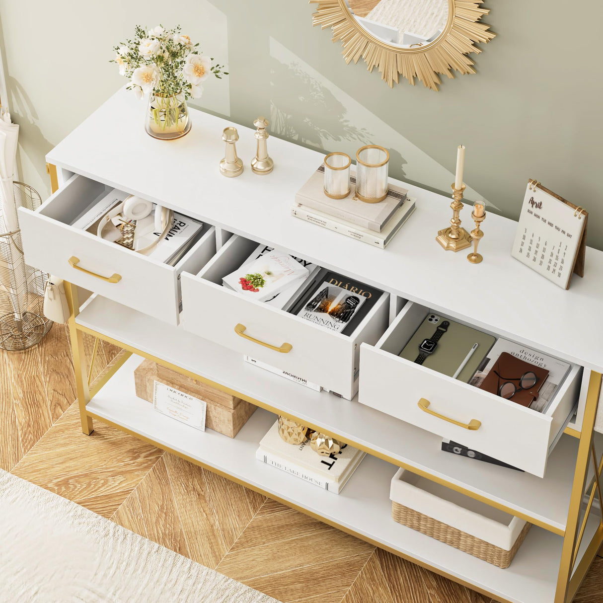 HITHOS Tall Bookshelf, Industrial Console Table with Drawers and Ladder Shelves, Free Standing Storage Cabinet Kitchen Bakers Rack with Microwave Oven Stand for Home Office, White Gold HITHOS