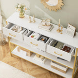 HITHOS Tall Bookshelf, Industrial Console Table with Drawers and Ladder Shelves, Free Standing Storage Cabinet Kitchen Bakers Rack with Microwave Oven Stand for Home Office, White Gold HITHOS