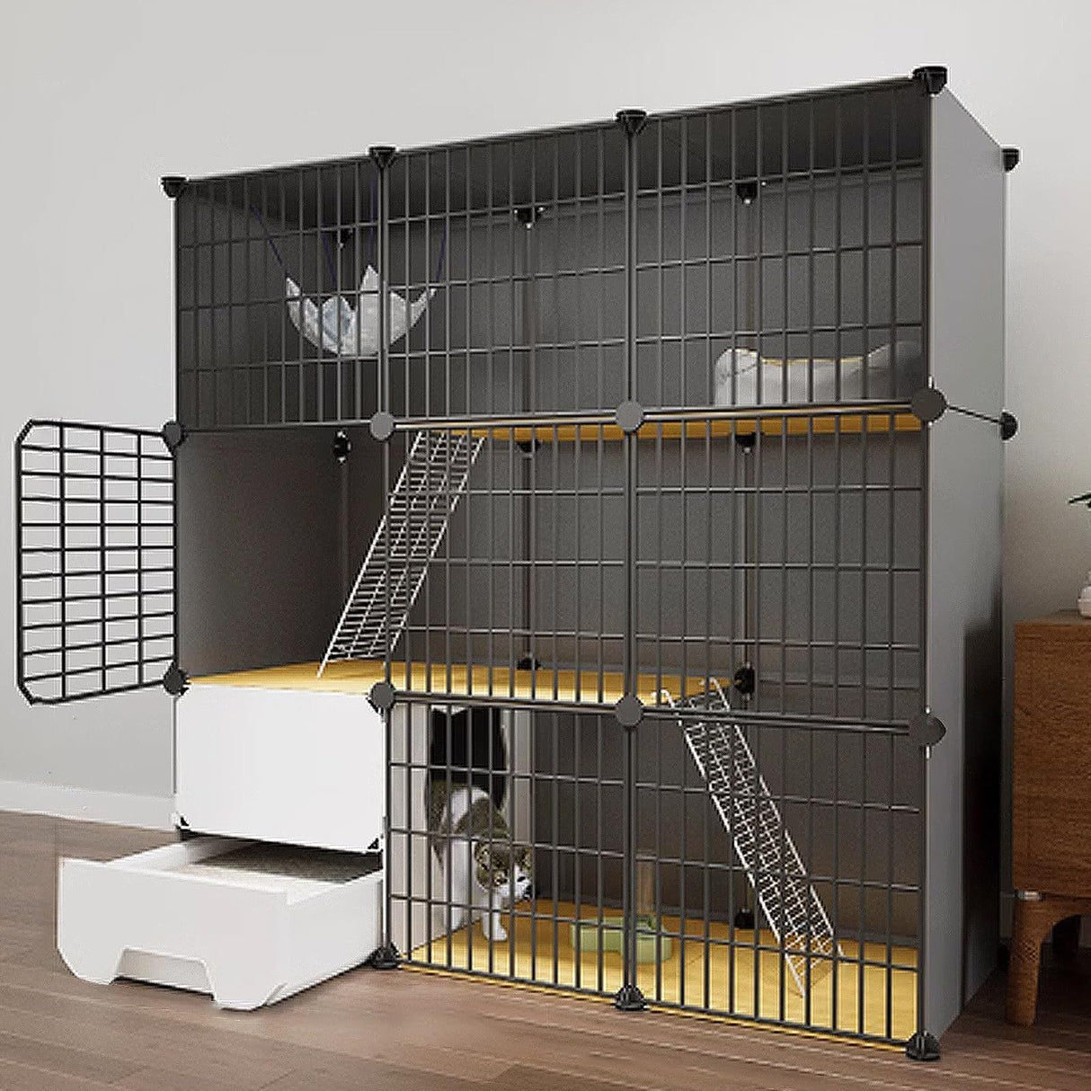 GUQASDV Black Cat Cage, Catio Indoor Cat Enclosure, Enclosed Cat Playpen, Cat Crate with Enclosed Litter Box for Ferret, Chinchilla, Rabbit, Small Animals(111x39x111cm) GUQASDV