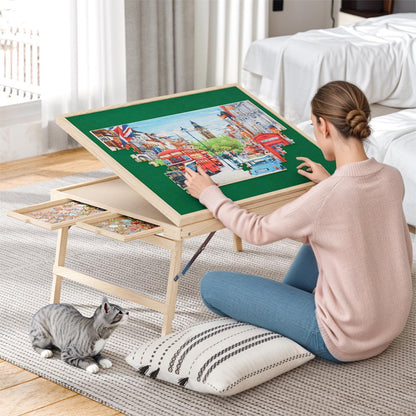 Puzzle Table with Drawers for Adults - Jigsaw Puzzle Table with Rotating 1500 Piece Puzzle Board, Portable Puzzle Table with Foldable Legs, Tilting Puzzle Board with Cover, Present for Puzzle - WoodArtSupply