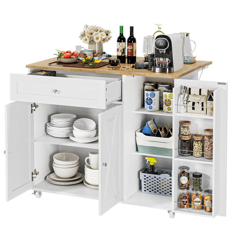 BOTLOG Kitchen Island with Storage, Island Table on Wheels with Drop Leaf, Spice Rack, Drawer, Towel Rack, Rolling Kitchen Island Cart for Dinning Room, White 15.7-27.55" D x 47.63" W x 35.43" H BOTLOG