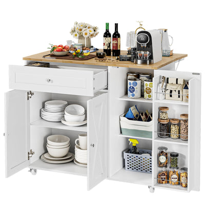 BOTLOG Kitchen Island with Storage, Island Table on Wheels with Drop Leaf, Spice Rack, Drawer, Towel Rack, Rolling Kitchen Island Cart for Dinning Room, White 15.7-27.55" D x 47.63" W x 35.43" H