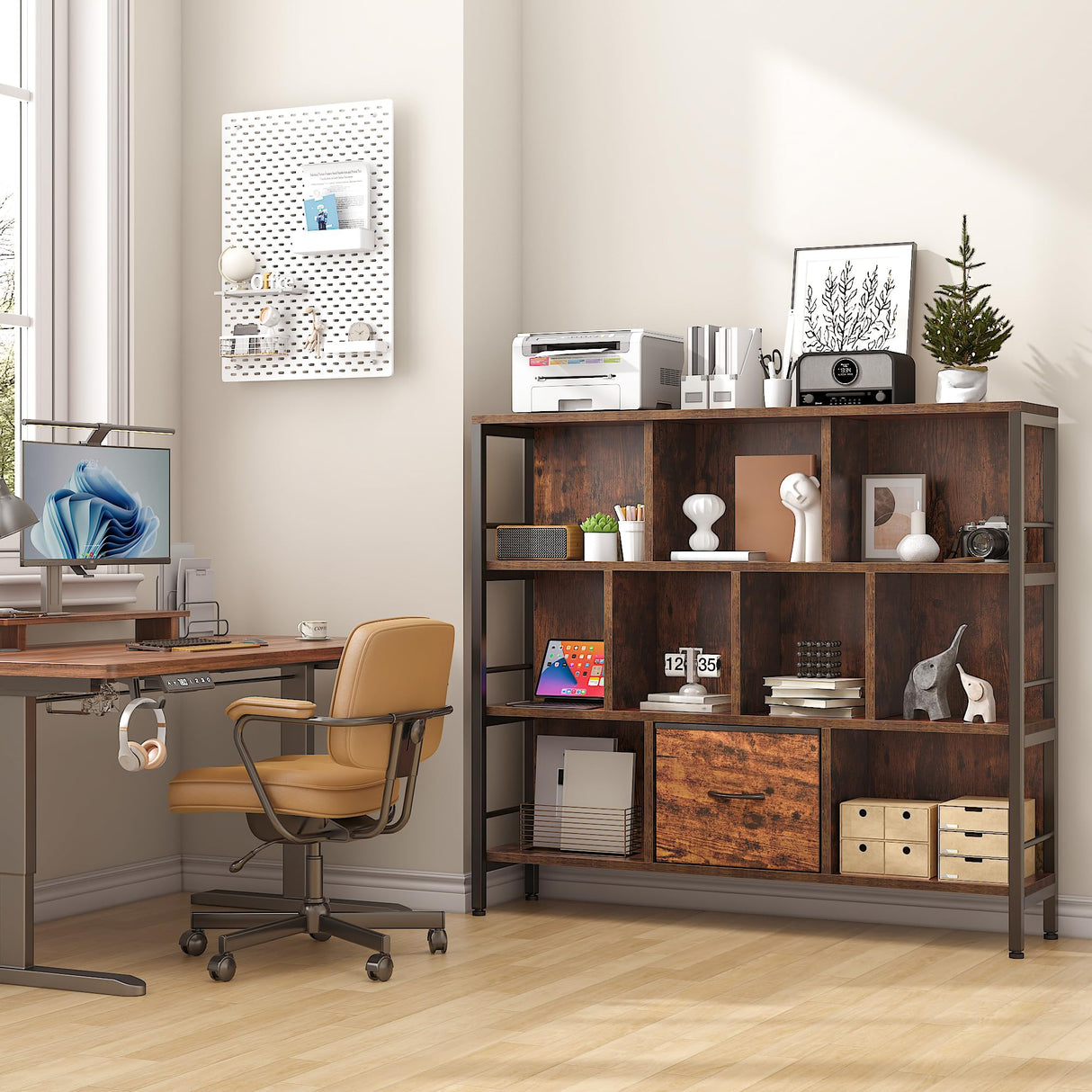 Winkalon Bookshelf, 10 Cube Bookshelf with Canvas Drawer, 3 Tier Wide Bookcase with Adjustable Legs, Metal Bookshelf with Open Stoage for Bedroom, Living Room, Office Winkalon