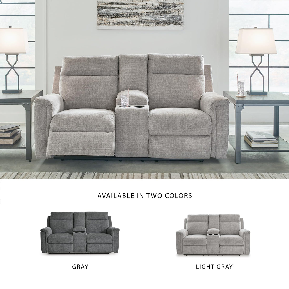 Signature Design by Ashley Barnsana Minimalist Power Reclining Loveseat with Console and USB Charging Ports, Light Gray Signature Design by Ashley