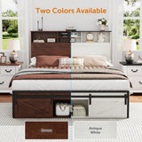 Ufurpie Queen Size Bed Frame with 5-Tier Bookcase Headboard & Storage Footboard, USB Charging Station & LED Lights, Sturdy 1200 lbs Steel Support, No Box Spring Needed,Brown Ufurpie