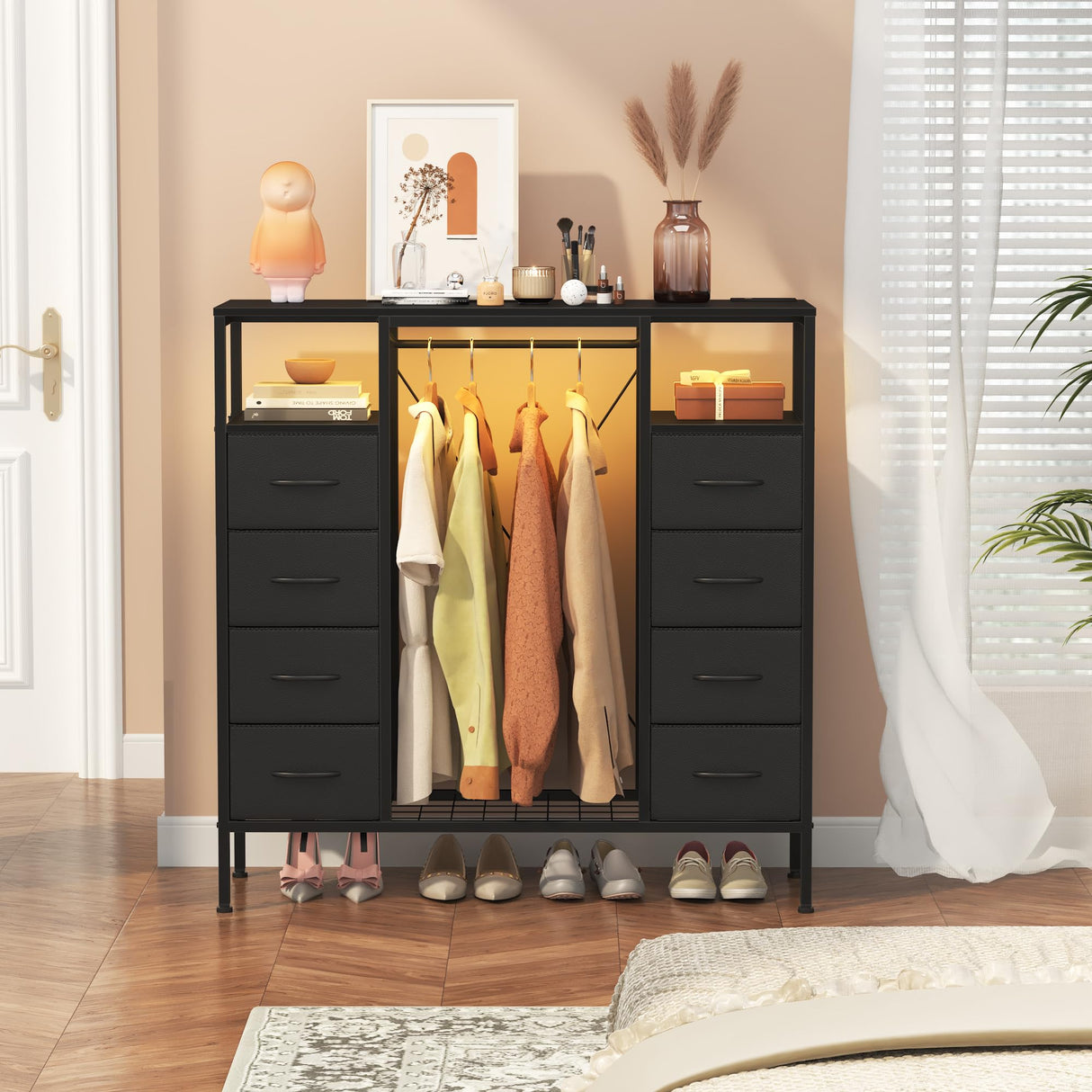 HIGDBFE 8 Drawers Dresser with Hanging Rack, Led Dresser with Charging Station, Kids Dressers with Clothes Rack Open Shelves, Chest of Drawers with Wooden Top for Bedroom, Kids Room, Black HIGDBFE