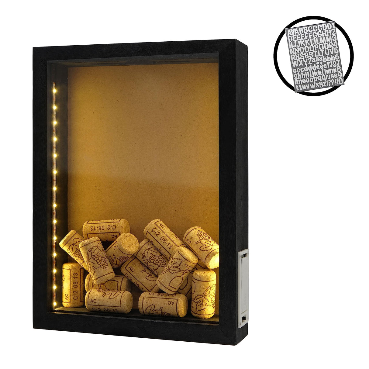 hvfun 8"X11" Rustic Black Wood Shadow Box with Lights,LED-lit Display case for Wine Corks, Tickets, and Creative Exhibits,Artistic Presentations hvfun