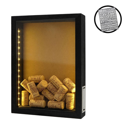 hvfun 8"X11" Rustic Black Wood Shadow Box with Lights,LED-lit Display case for Wine Corks, Tickets, and Creative Exhibits,Artistic Presentations - WoodArtSupply