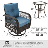 VONZOY 3 Pieces Patio Furniture Set, Outdoor Swivel Glider Rocker, Wicker Patio Bistro Set with Rocking Chair, Thickened Cushions and Table for Porch (Blue) VONZOY