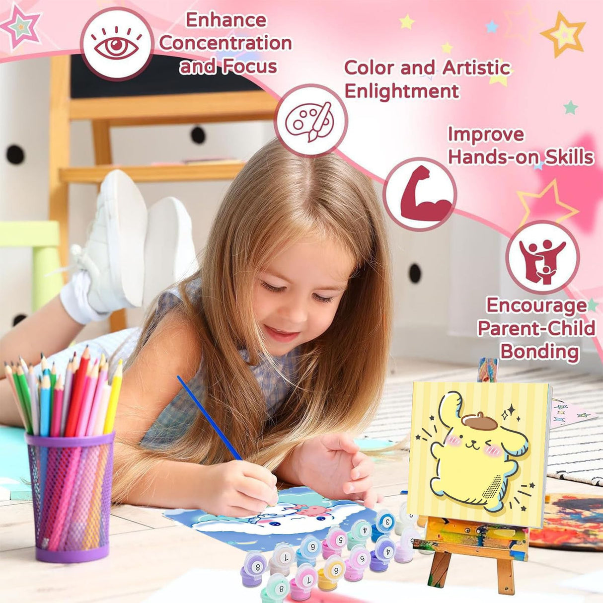 Sretoul 4 Pack Cartoon Paint by Numbers Kit for Kids with Frame - Wooden Easel, Cute Kids Paint by Numbers Ages 4 8 12, DIY Acrylic Oil Painting for Home Wall Decor (8x8 inch) Sretoul