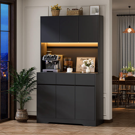 NBYSGO 71" Pantry Cabinet with Charging Station and LED Lights, Tall Kitchen Pantry Storage Cabinet with Microwave Stand, Modern Hutch with Storage Drawers for Dining Room, Living Room, Black NBYSGO