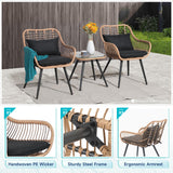 Verano Garden 3 Piece Patio Bistro Set, Outdoor Wicker Conversation Chair Sets Balcony Furniture,Coffee Table with Glass Top, Cushions & Lumbar Pillows for Porch, Backyard, Deck, Poolside Verano Garden