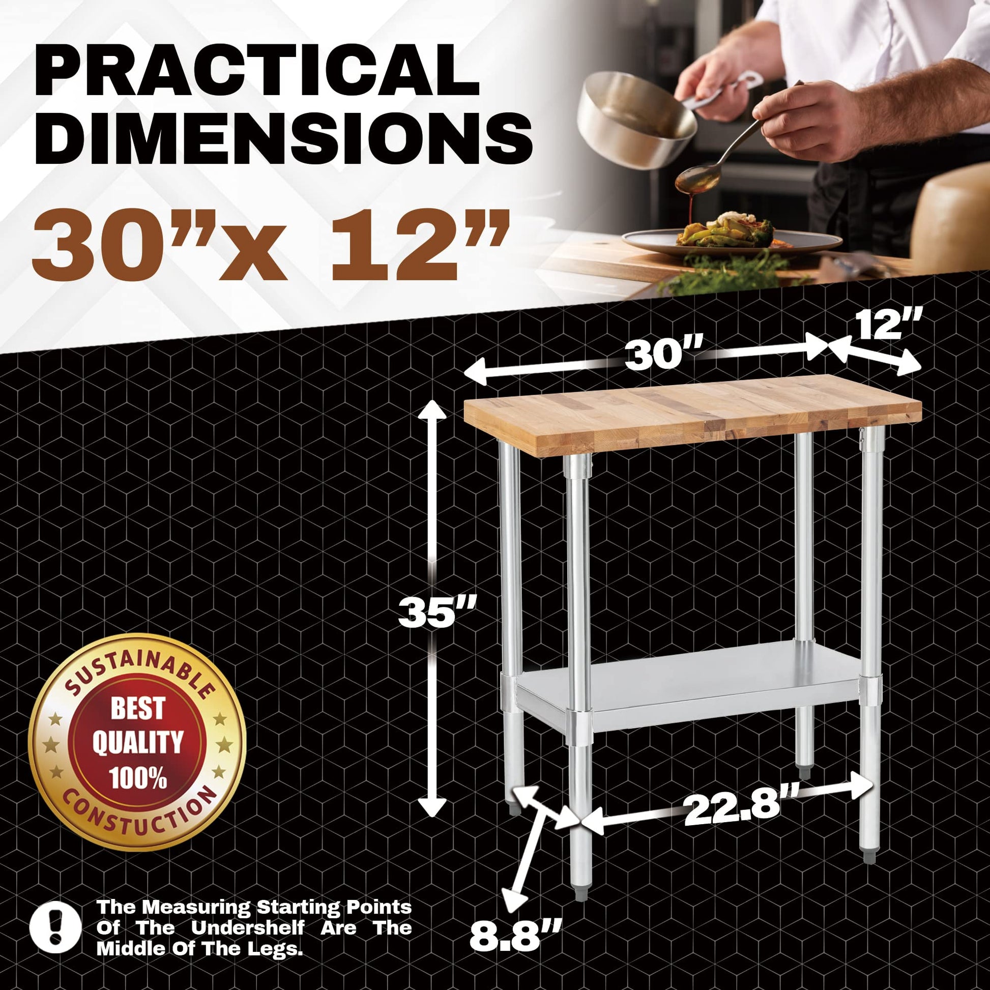 US Maple Top Work Table - 30 x 12 x 35 Inch Commercial Butcher Block Wooden Workbench with Adjustable Lower Shelf - Fits Restaurant, Warehouse, Home, - WoodArtSupply