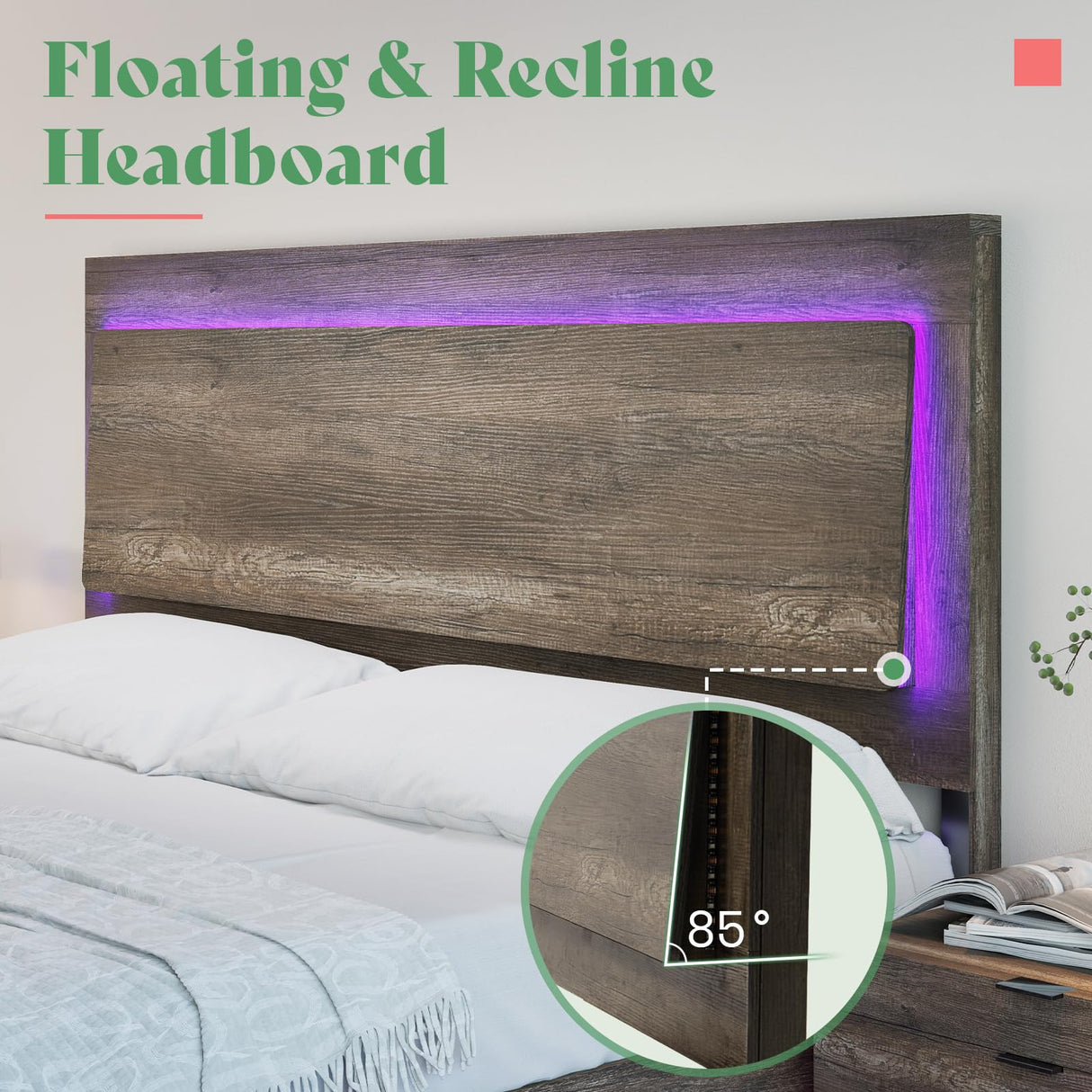 AMERLIFE Floating King Bed Frame with Recline Headboard and LED Lighting in Washed Gray AMERLIFE