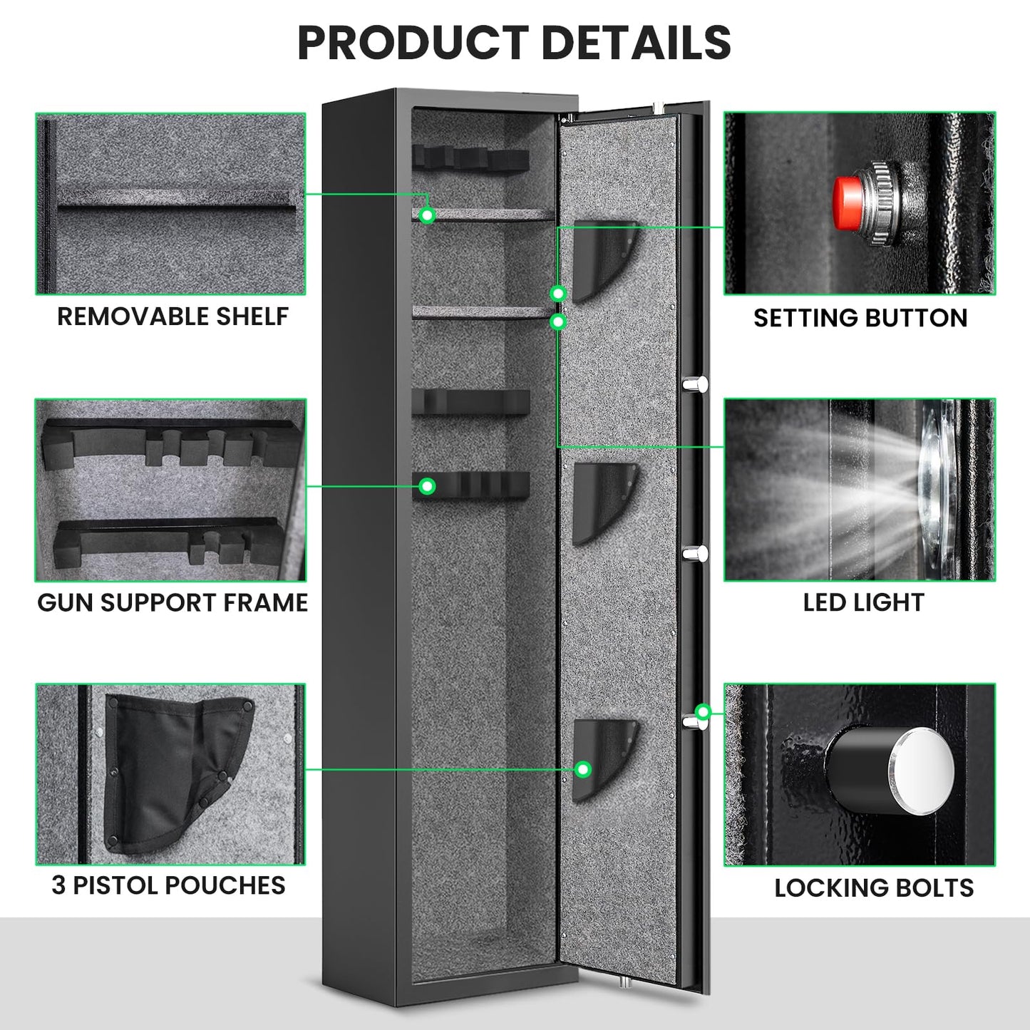 silkight 57" Digital Keypad Rifle Gun Safe, Long Gun Safe for Home Rifle and Pistols, Quick Access 5 Gun Cabinet with Mute Function, Rifle Safe with LED Light, for Rifles Shotguns Pistols