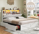 AOGLLATI Farmhouse Bed Frame Full Size with 4 Storage Drawers and Charging Station, Wooden Full Size Bed Frame with Hidden Space Bookcase Headboard and Led Lights & Metal Slats, White AOGLLATI