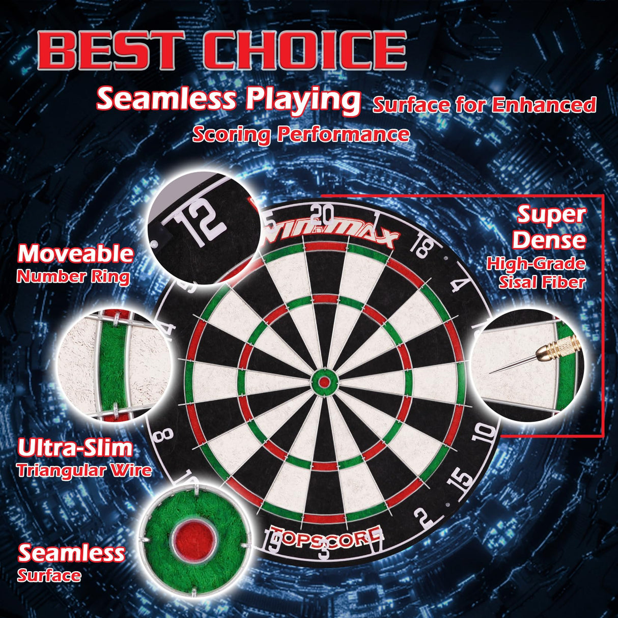 Dart Board - Bristle Steel Tip Dartboard Dart Boards for Adults Bristle Steel Tip Dartboard Set Dart Boards for Adults Rotating Number Ring Staple-Free Bullseye with 12 Darts Metal Tip (New) WIN.MAX