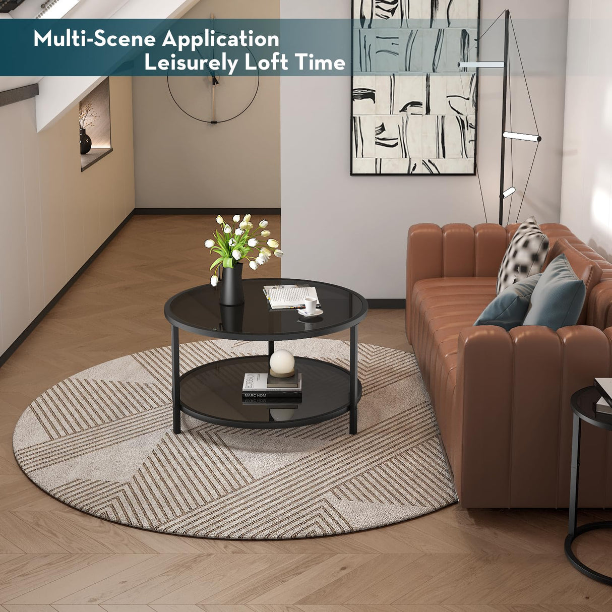 SAYGOER 27.6'' Round Coffee Table 2 Tier Black Glass Coffee Tables with Storage Shelf for Large or Small Space Modern Simple Sofa Table for Living Room Home Office, Easy Assembly… SAYGOER