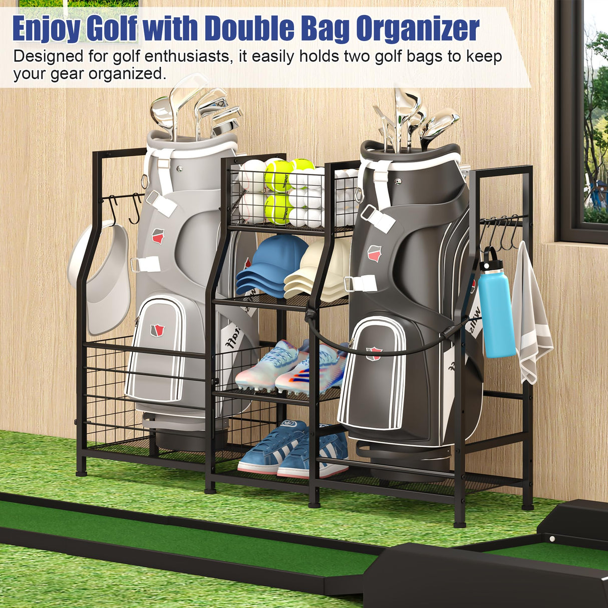 Sports Equipment Organizer Golf Bag Stand Golf Storage Organizer for Garage with Basket and Hooks, Storage Rack for 2 Golf Bag,Two Assembly Methods Sonyabecca