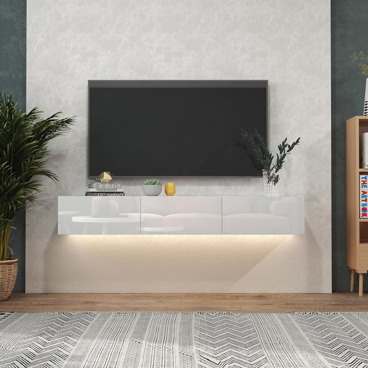 DMAITH Floating TV Stand with LED for 60 65 70in TV, Glossy Wall Mounted Modern Entertainment Center with 3 Drawers, White DMAITH