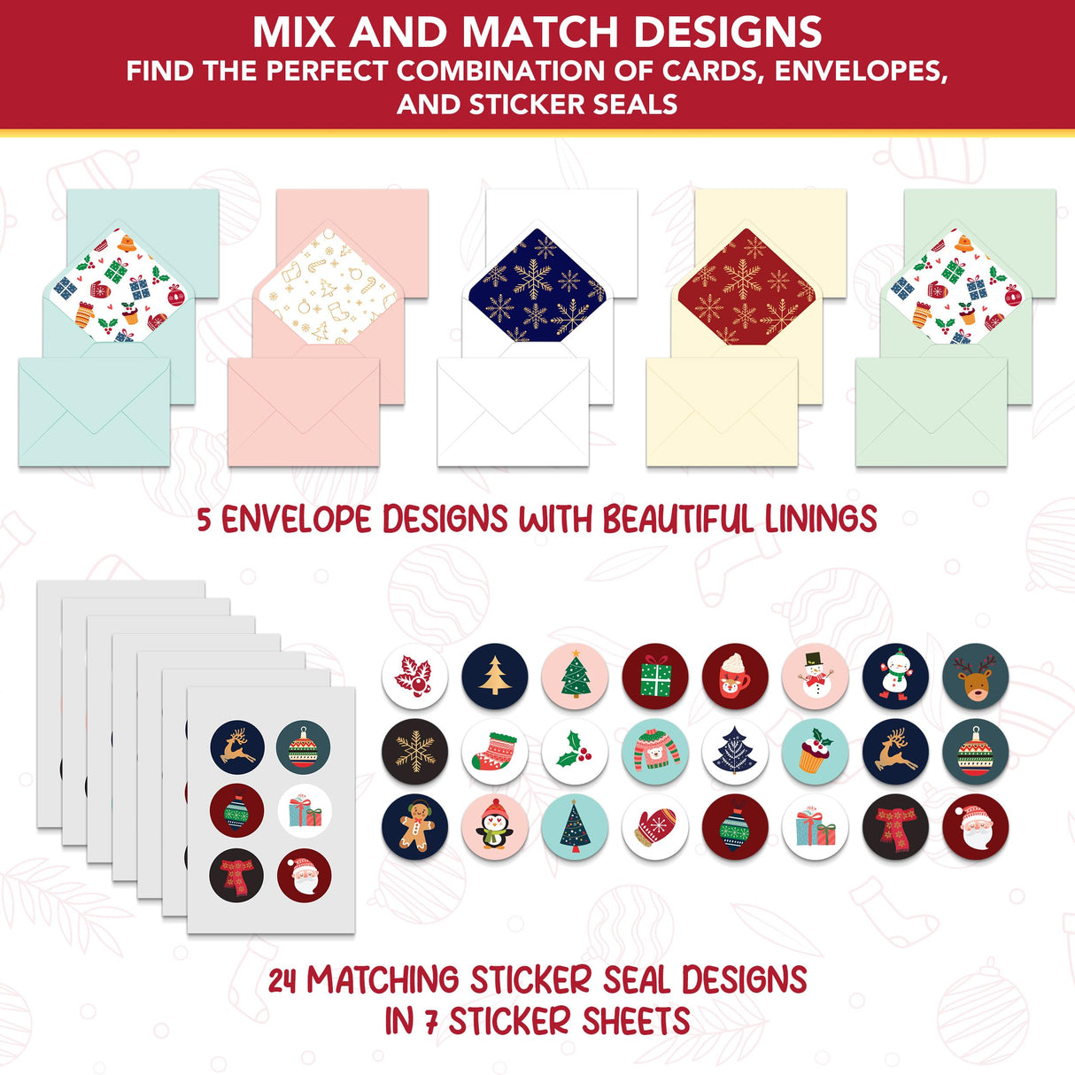 Decorably 100 Pack Foiled and Glittery Assorted 6x4in Christmas Cards Bulk with Envelopes and Stickers, 20 Adorable Designs Christmas Cards 100 Pack With Printed Message Inside Decorably