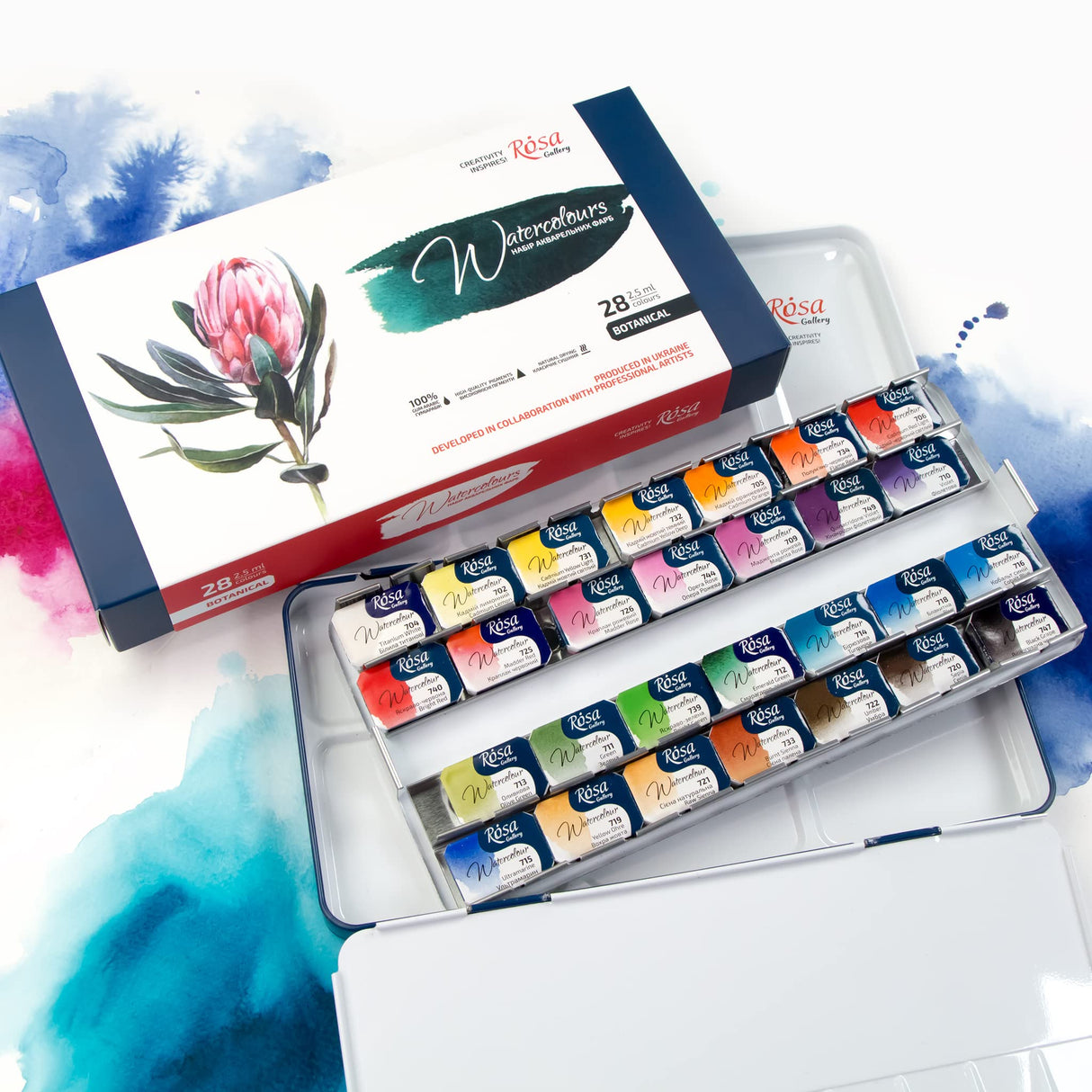 ROSA Gallery Botanical Watercolor Paint Set, Vibrant Kit Designed by Professional Artists, Washable, High Lightfastness Pigments, Made in Ukraine, Packed in Metal Paint Box, 28 Ct. Rosa Gallery
