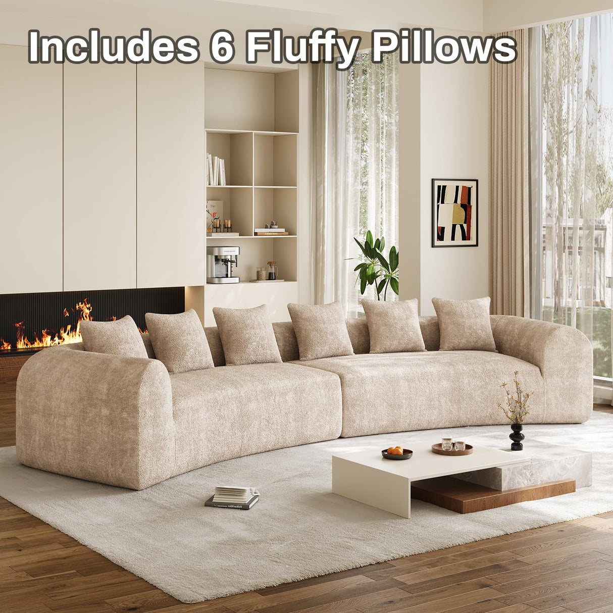 157" Oversized Curved Cloud Couch Sectional Sofa, Luxury Chenille Sofa with Extra Deep & Wide Seat, Modern Curved Couch for Living Room with 6 Throw Pillows, No Assembly Needed Brown OUYESSIR