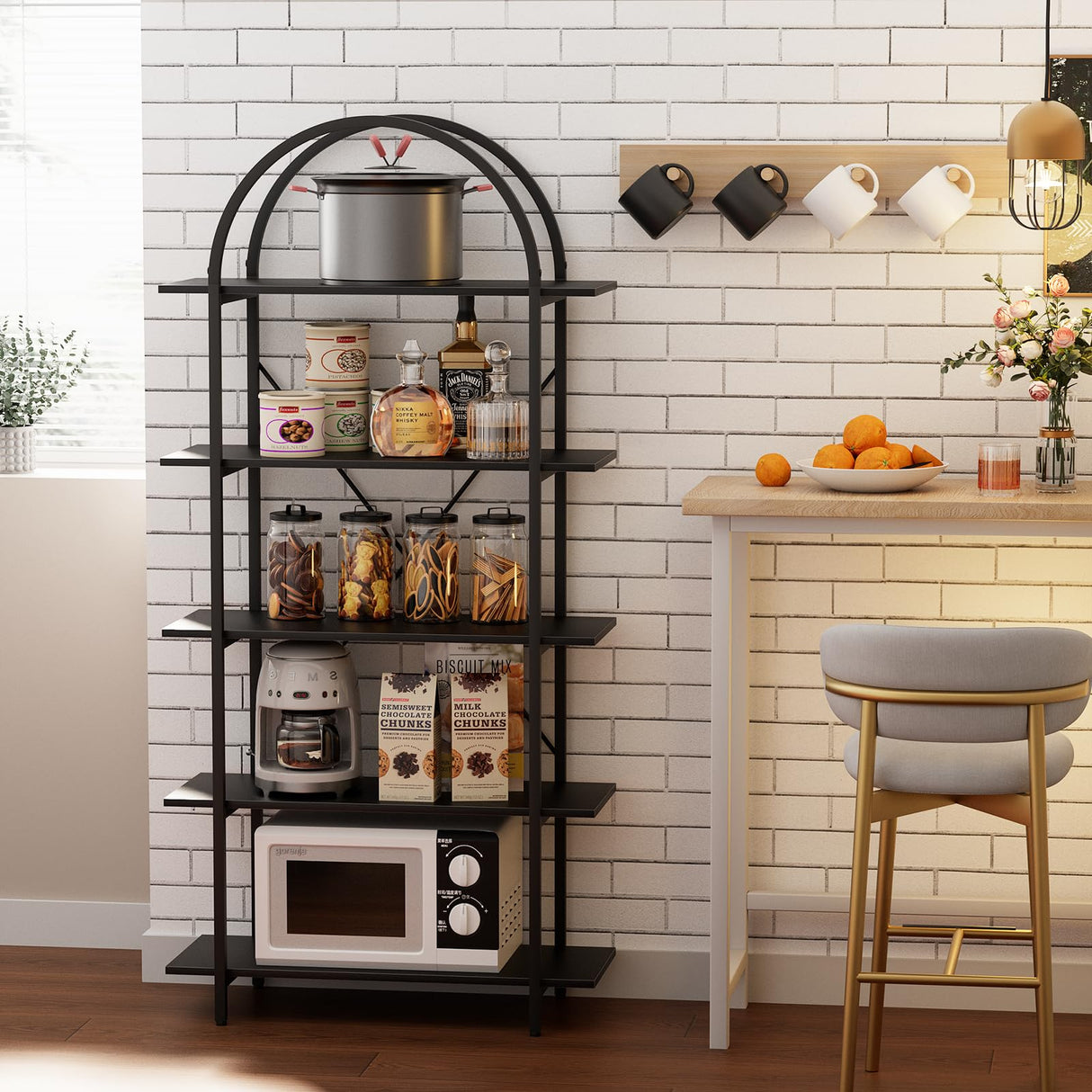 Arbuxzuy Arched Bookshelf 5 Tier Book Shelf, 31.5 Inch Width Industrial Arch Bookcase, Curved Tall Bookshelf with Open Shelves for Home Office, Living Room, Bedroom, Black Arbuxzuy