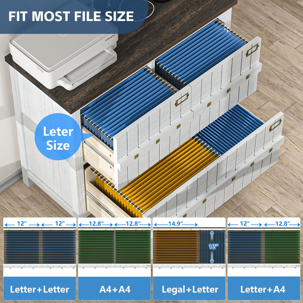 TVU Farmhouse 3 Drawer File Cabinet with Charging Station, Solid Lateral Filing Cabinet for Home Office, Office Organizer for Legal/Letter/A4/Folders File - Beside Desk Printer Stand TVU