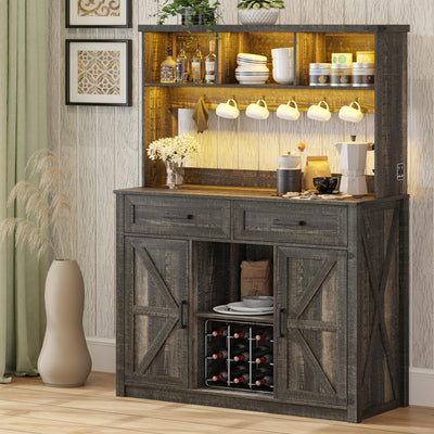 FREDEES Farmhouse Sideboard Buffet Cabinet with Storage, LED Coffee Bar with 3 Color Lights and Charging Station, Credenza Storage Cabinet with Barn Door for Kitchen/Dining Room/Living Room, Brown