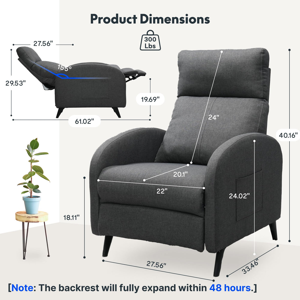 FLEXISPOT XC2 Recliner Chair for Adults, Fabric Small Reclining Chair Home Theater Seating with Side Pockets, Adjustable Modern Single Sofa Armchair, Extended Footrest for Living Room(Gray) FLEXISPOT