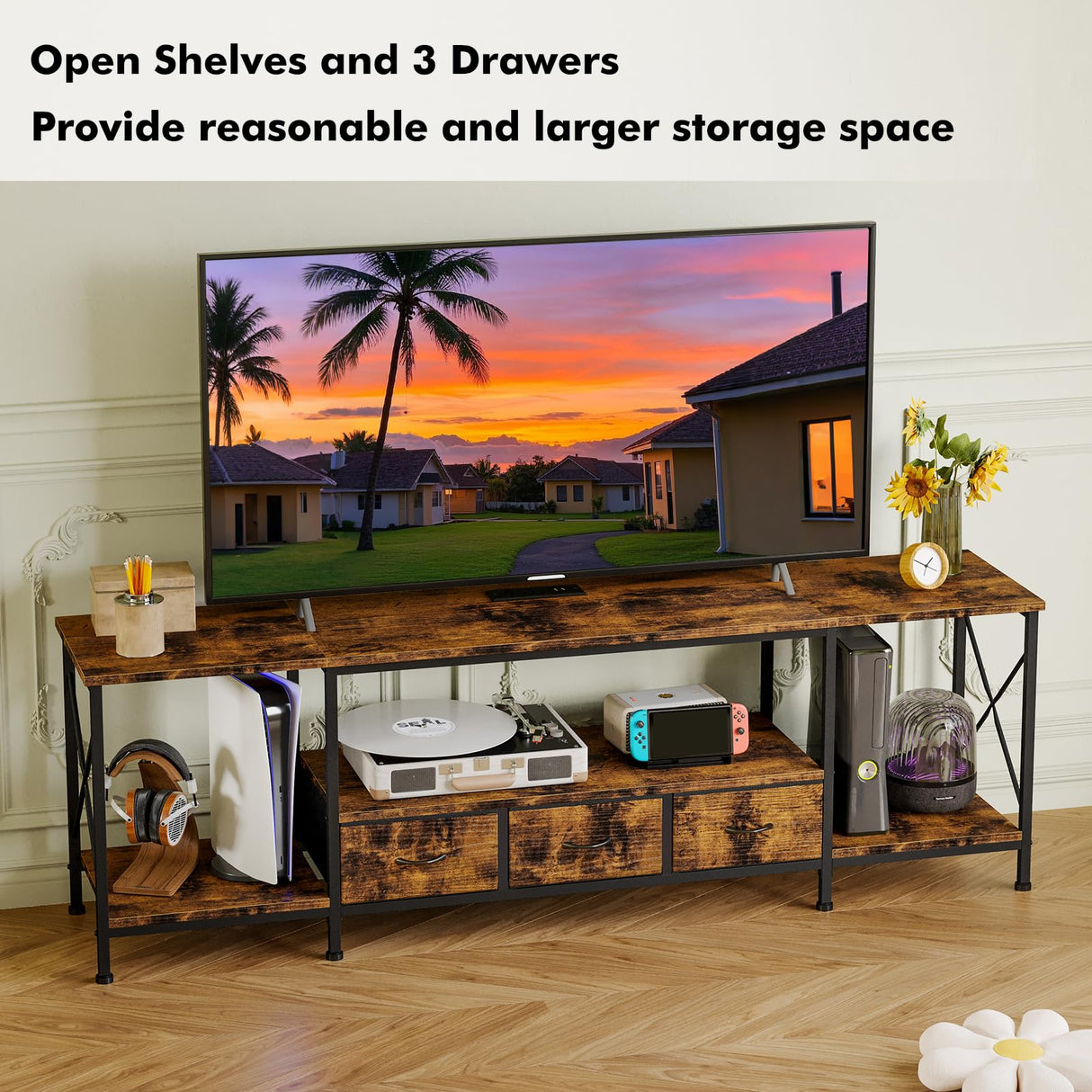 YGEOMER TV Stand Entertainment Center for 65 Inch TV with Power Outlets TV Console Table with Metal Frame Storage Shelves and Fabric Drawers for Living Room, Bedroom 63" Rustic Brown YGEOMER