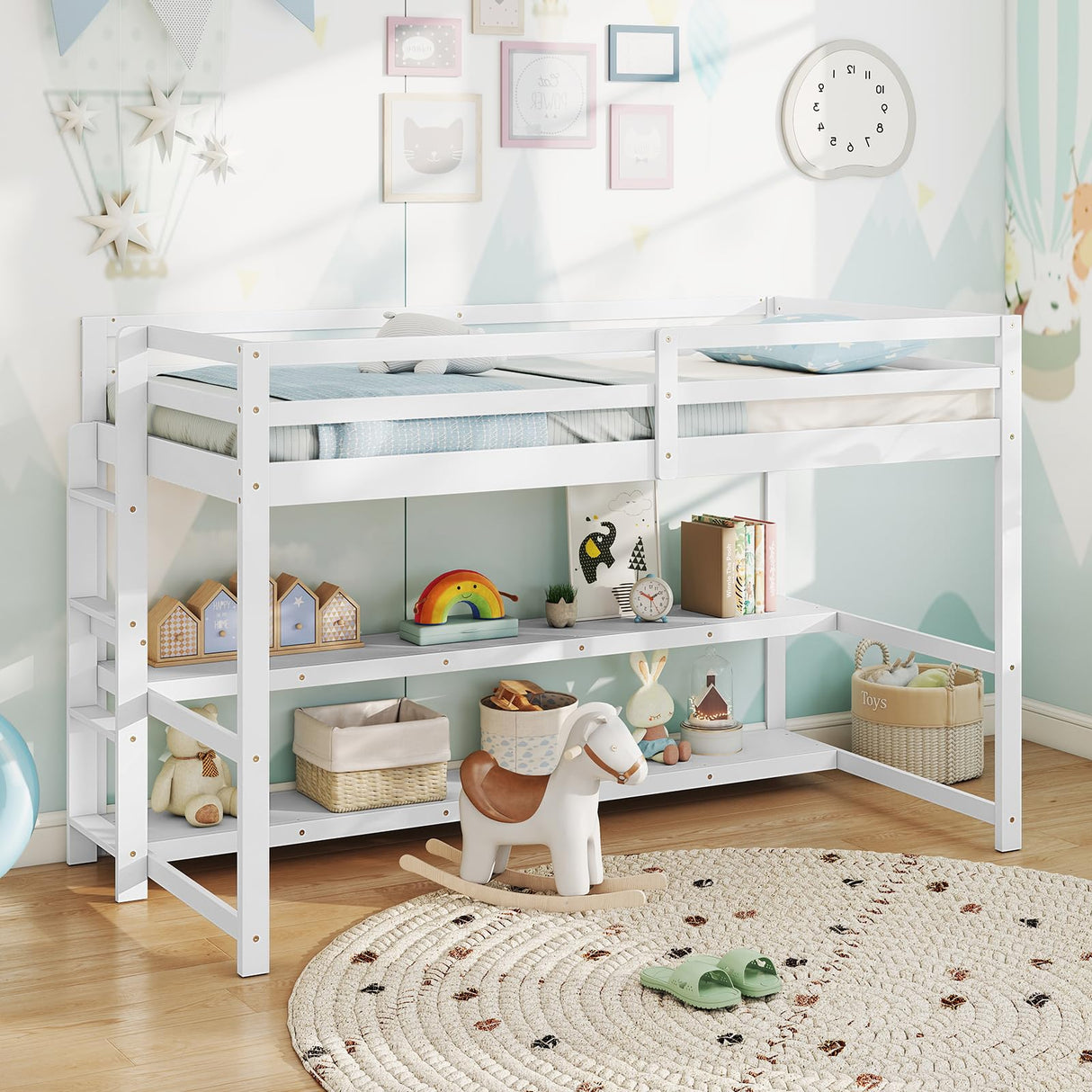 Giantex Twin Low Loft Bed with Storage Shelves, Wooden Loft Bed with Full-Length Guardrails & Ladder, Modern Space-Saving Twin Bed Frame for Kids Dorm Apartment, No Box Spring Needed, White Giantex