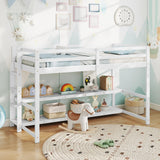 Giantex Twin Low Loft Bed with Storage Shelves, Wooden Loft Bed with Full-Length Guardrails & Ladder, Modern Space-Saving Twin Bed Frame for Kids Dorm Apartment, No Box Spring Needed, White Giantex