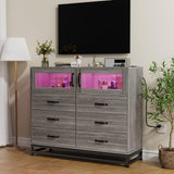 Harmobitat Dresser for Bedroom with LED Lights and Charging Station, Wooden 6 Drawer Double Dresser with 2 Doors, Modern Chest of Drawers for Bedroom, Entryway, Hallway, Grey Harmobitat