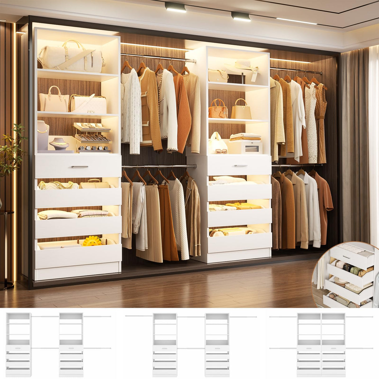 Aheaplus Closet System, 6-15Ft Closet Organizer with 8 Wooden Drawers, Wood Closet Organizer System with Tower, Walk-in Closet Organizer Wardrobe Clothes Rack with 4 Hanging Rods, Garment Rack, White Aheaplus