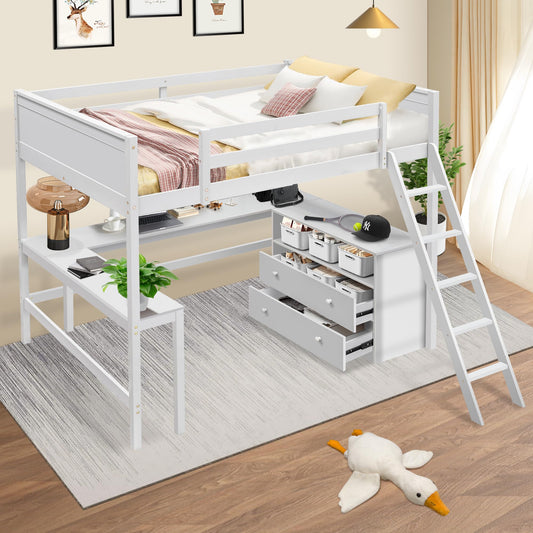 Full Size Solid Wood Loft Bed with Desk, Storage Shelves and Drawers in White - WoodArtSupply