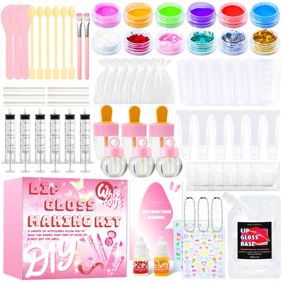 WhizToys DIY Lip Gloss Making Kit 74 PCS, Pink Kids Lip Gloss Supplies Set Beginner, Fun Craft Set Moisturizing Base, Birthday Gift Set for Girls, Kids, Teenagers, Women