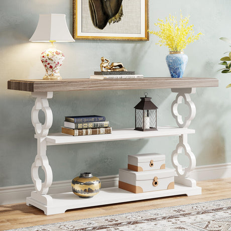 Tribesigns Farmhouse Console Table, 55 inch Rustic Entryway Sofa Table with Storage Shelves, 3 Tier Wood Long Accent Entry Table for Hallway, Entrance, Living Room, Foyer, Grey and White Tribesigns